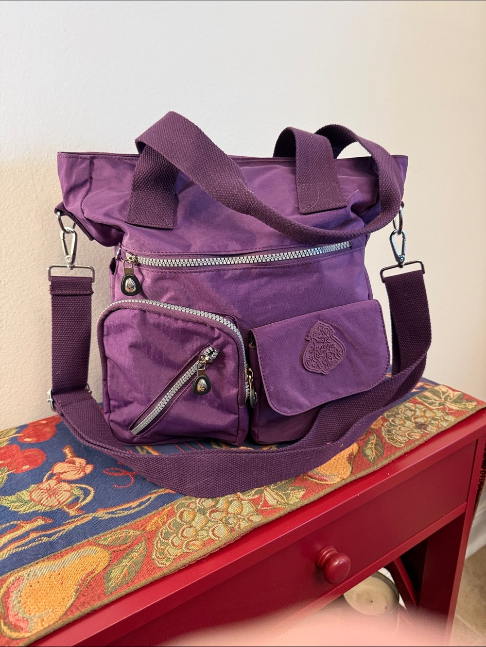 Purple Convertible Nylon Crossbody Tote Bag
